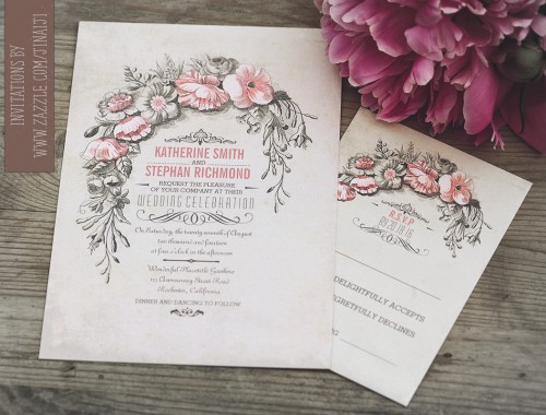 vintage wedding invitation with flowers wreath