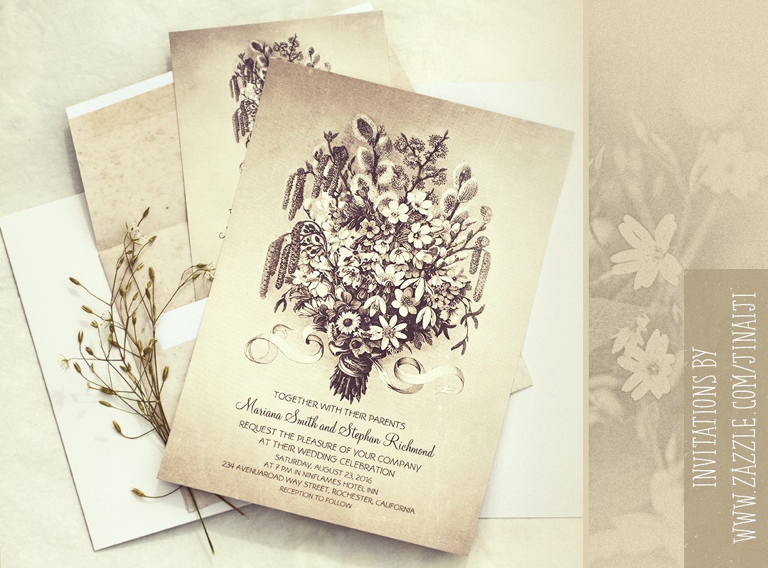 vintage wedding invitation with spring flowers