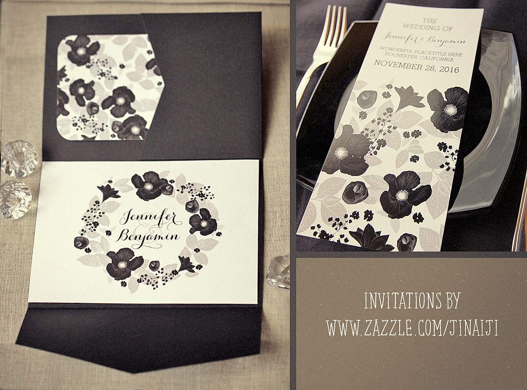 black flowers romantic wedding invitation