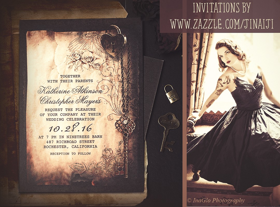 skeleton key and love heart lock wedding invitations